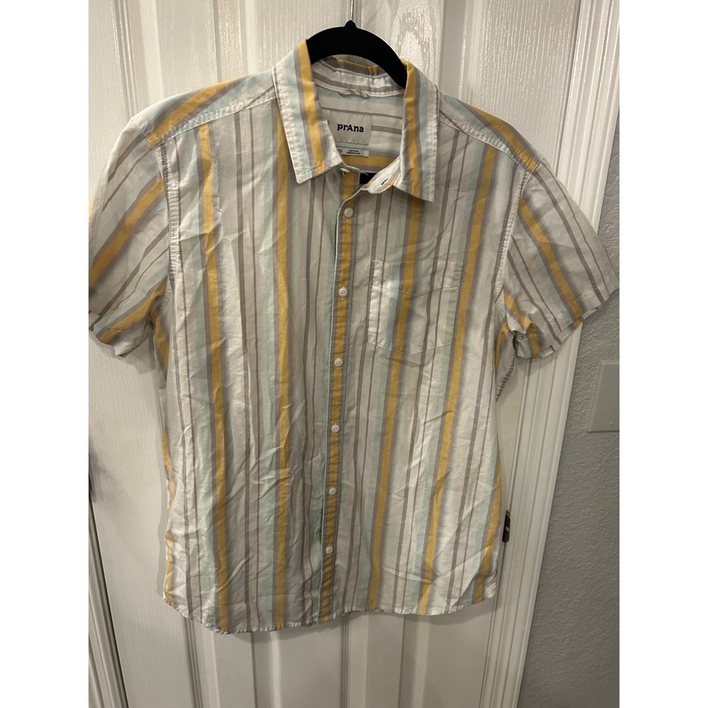 Prana Button Down Shirt Yellow Grey Blue Striped‎ Short Sleeve Mens Casual Top